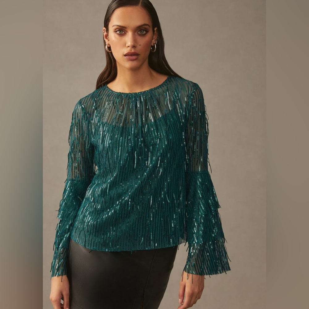 Eva Franco Green Sequin Fringe Blouse size S